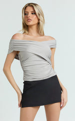 Annalisa Top - Gathered Off Shoulder Asymmetric Top in Pale Grey