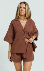 Saina Two Piece Set - Button Through Shirt and Drawstring Shorts Set in Chocolate