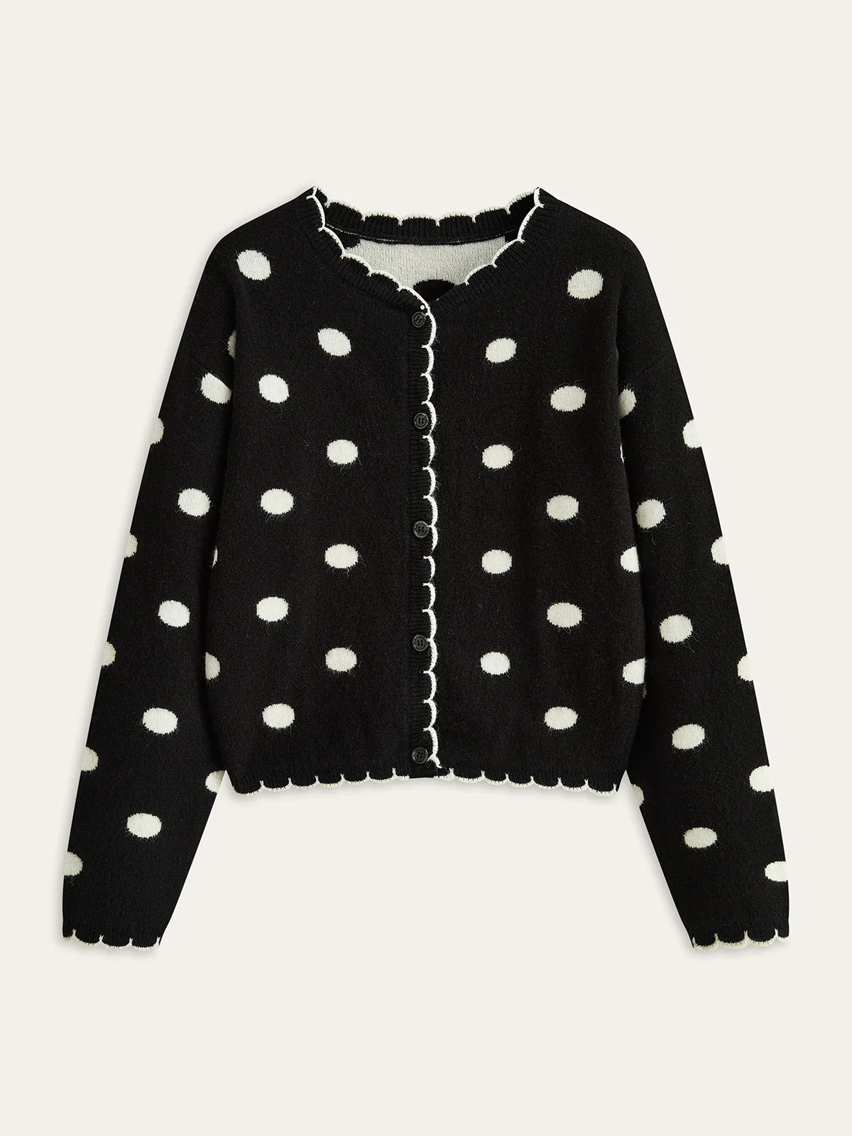 Scalloped Trim Polka Dot Knit Cardigan