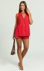 Devon Two Piece Set - Open Side Detail Top & Short Linen Look Set in Red