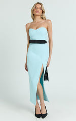 Veronica Midi Dress - Sweetheart Strapless Bow Detail High Split Dress in Blue & Black