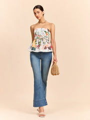 Floral Print Strapless Peplum Top With Belt