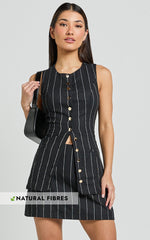 Calvin Two Piece Set - Tailored Scoop Neck Vest Top and A Line Mini Skirt Set in Black