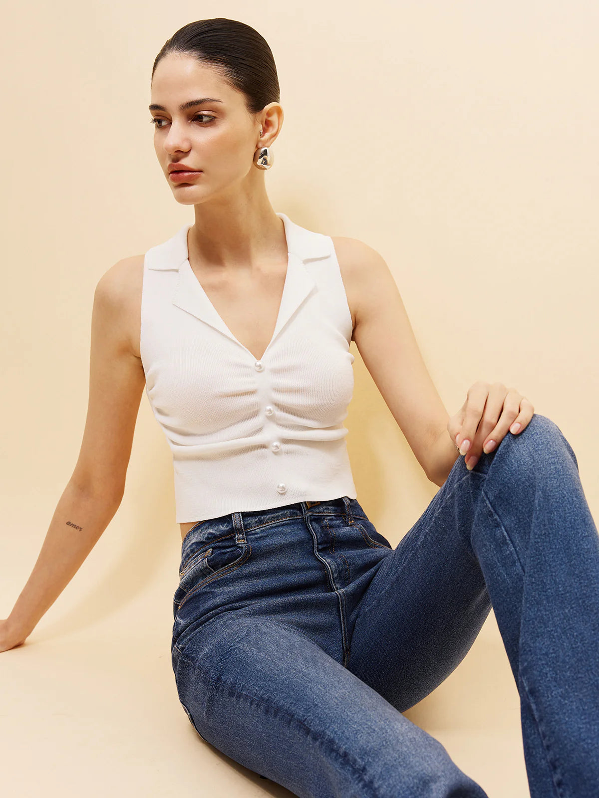 Sleeveless Button-Front Crop Sweater Vest