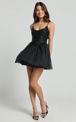 Violette Mini Dress - Sequin Corset Tulle Skirt Dress in Black