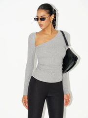 Asymmetric Neckline Ruched Long Sleeve Blouse