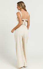 Hadley Two Piece Set - Linen Embroidered Tie Back Top and High Rise Wide Leg Pant in Oatmeal