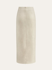 Linen Blend Wrap Midi Skirt with Wooden Buckle