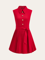 Shirt-Collar Pleated Dress with Belt