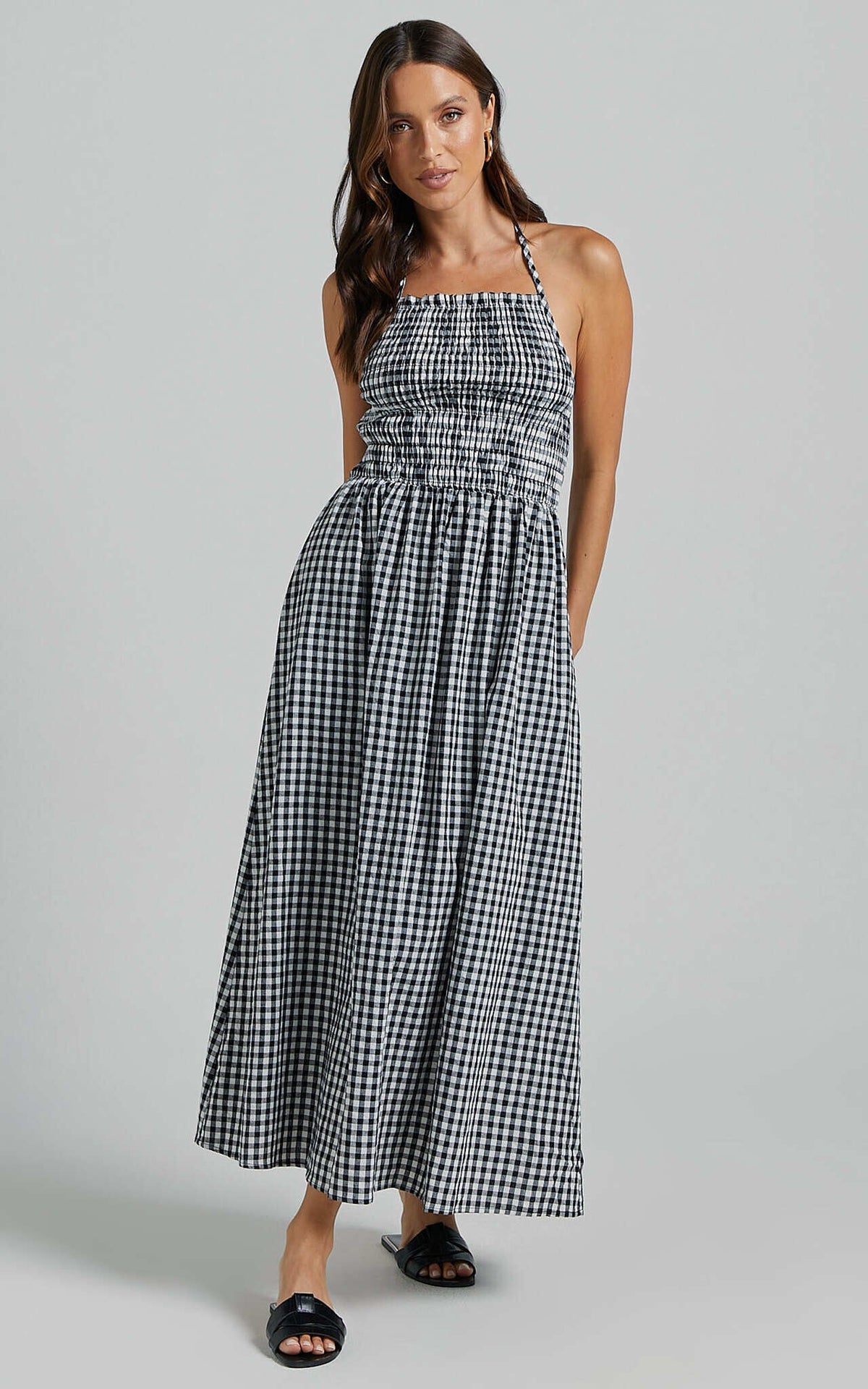 Aimie Midi Dress - Strappy Halter Neck Shirred Top in White Check