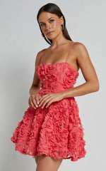 Alvia Mini Dress - 3d Flower Full Skirt Dress in Hot Pink