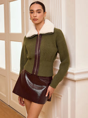 Faux Fur Collar Zip-Front Knit Outerwear