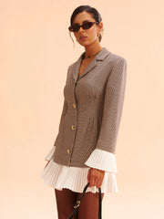 Pleated Hem Panel Houndstooth Blazer Dress