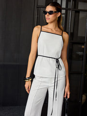 Cotton & Linen Contrast Trim Tie-Waist Top and Pants Set