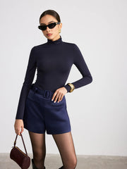 Satin Mid-Waist Belted Shorts