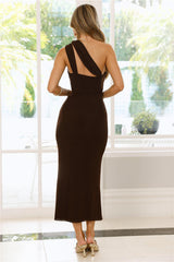 Nightlife Chic One Shoulder Mesh Midi Dress Brown