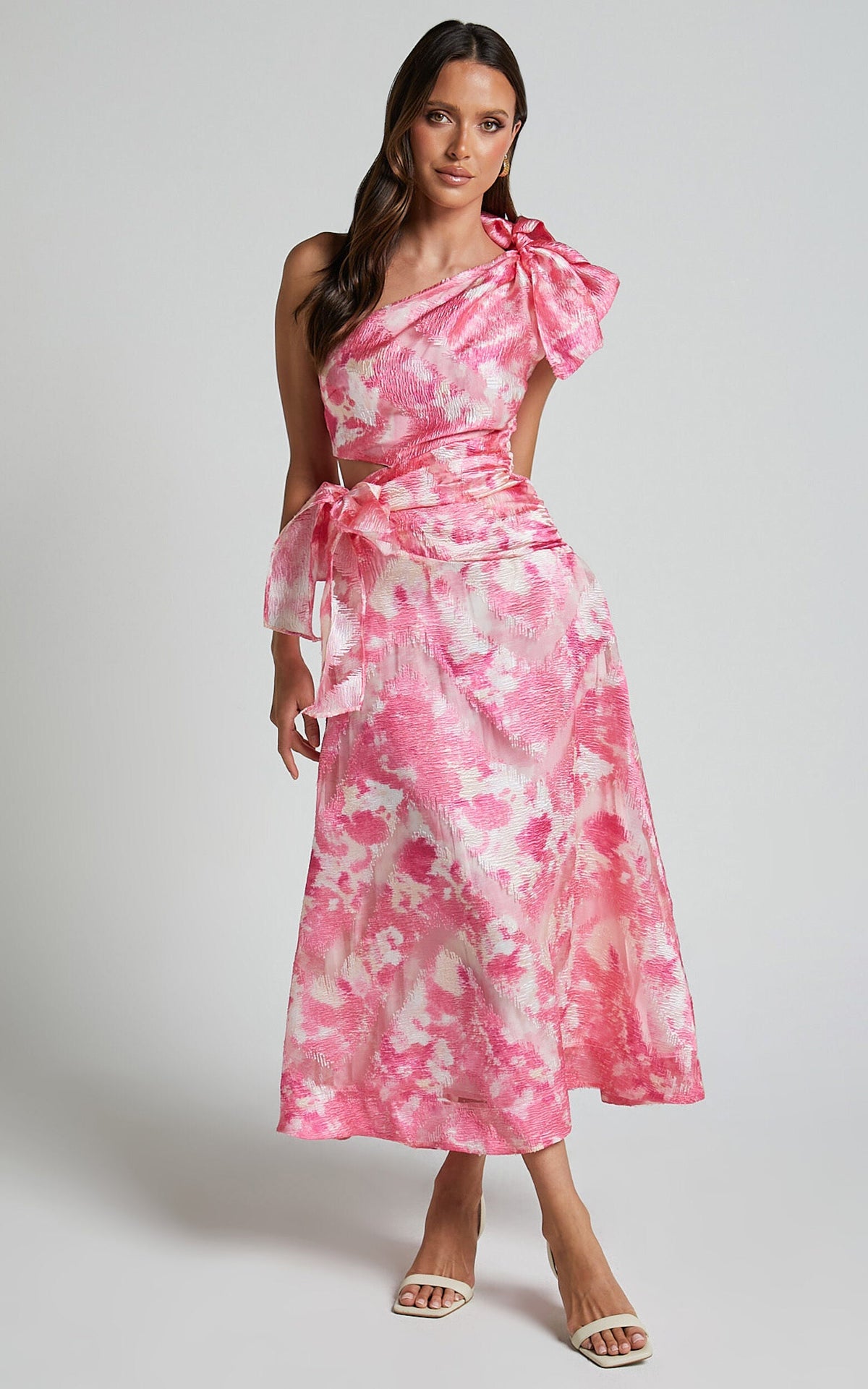 Adelia Midi Dress - One Shoulder Tie Side Cut Out Ribbon Detail Dress in Print