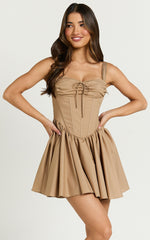 Jonas Mini Dress - Corset Ruched Lace Trim Dress in Neutral