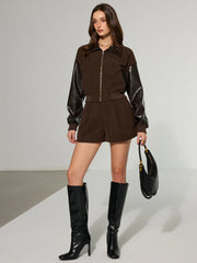 Faux Leather Panel Corduroy Zip-Up Jacket