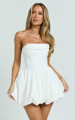 Jeannie Mini Dress - Corset Panel Bubble Hem Dress in Off White