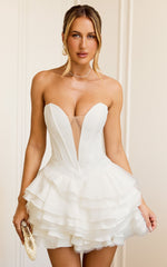 Shirley Mini Dress - Plunge Tulle Skirt Dress in Off White