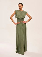 Gathered Waist Top With Flowy Skirt Set