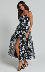 Nikky Midi Dress - Organza Full Skirt Dress in Black Floral