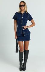 Paige Top - Button Down Short Sleeve Denim Top in Dark Blue Wash