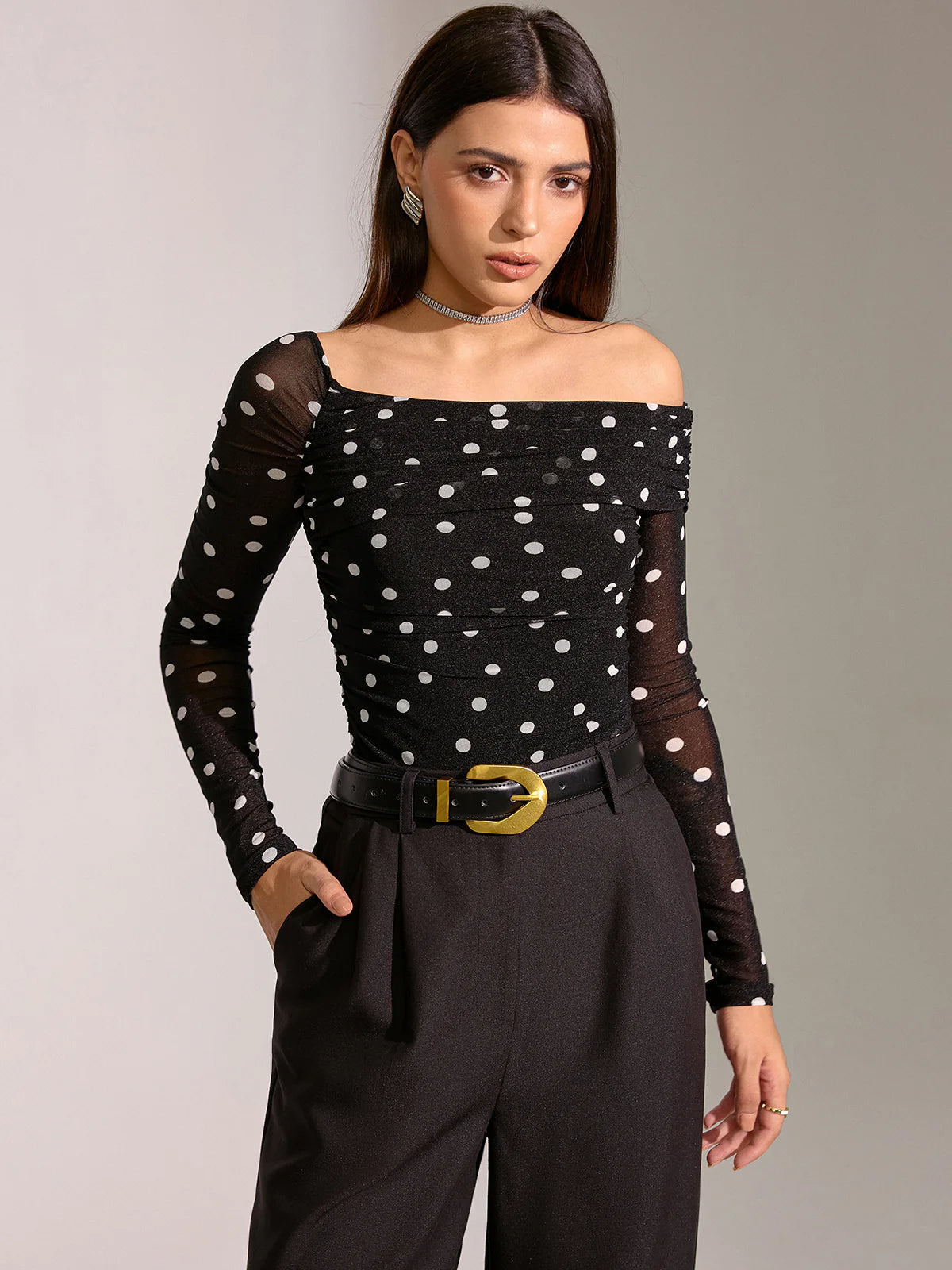 Semi-Sheer Mesh Polka Dot Ruched Off-Shoulder T-Shirt