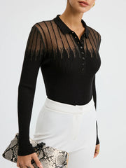 Glitter Detail Sheer Panel  Polo Knit Top