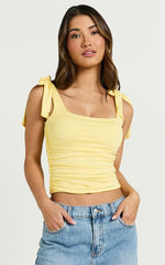 Alina Top - Tie Shoulder Square Neck Ruched Top in Lemon