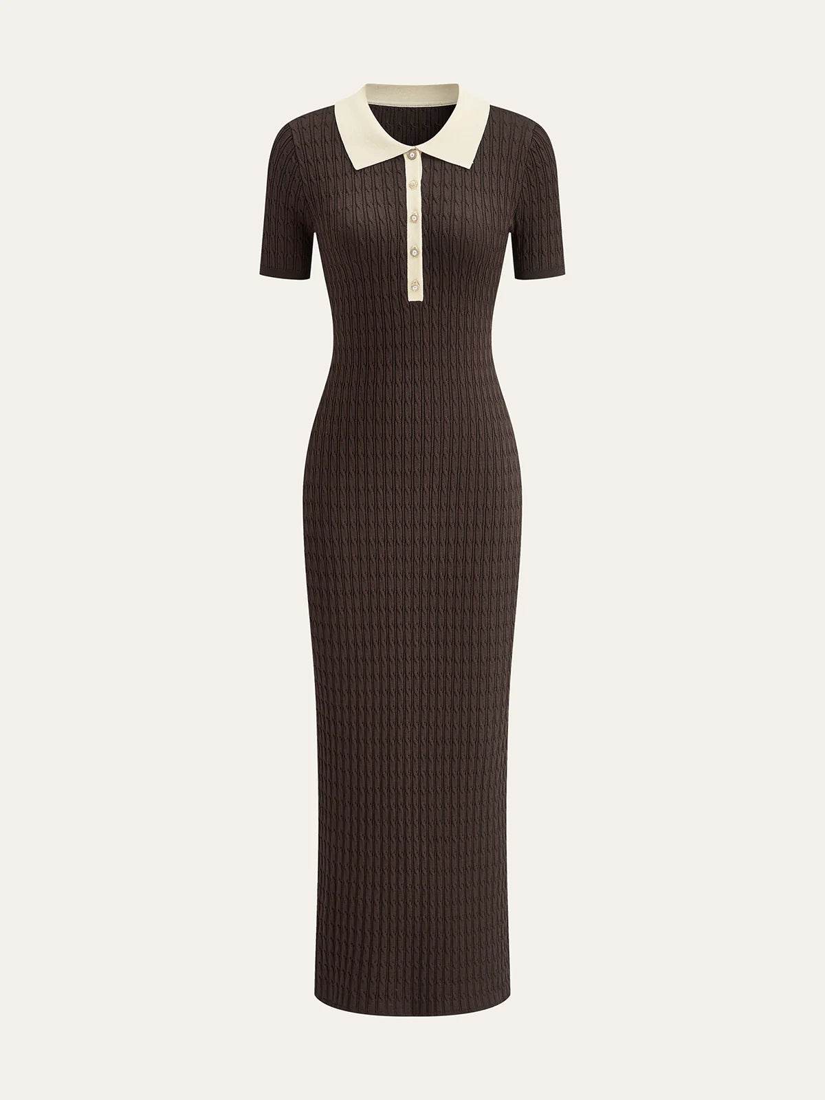 Contrast Collar Cable-Knit Midi Dress