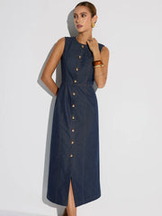 Button-Front Sleeveless Denim Maxi Dress