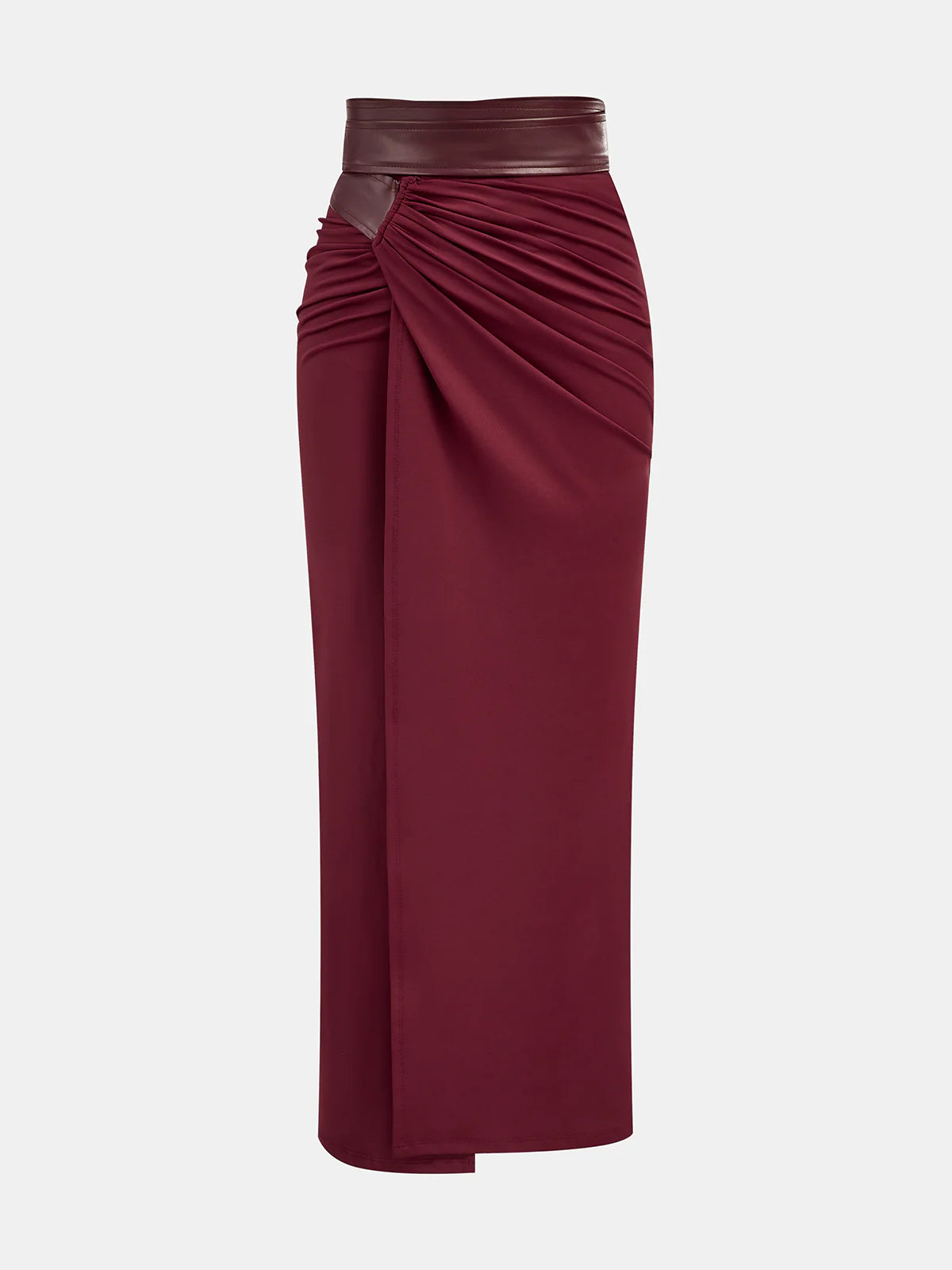 Faux Leather Panel Ruched Midi Skirt