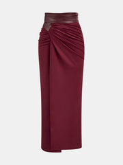 Faux Leather Panel Ruched Midi Skirt