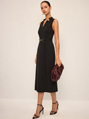 Sleeveless V-Neck Belted Midi Dress