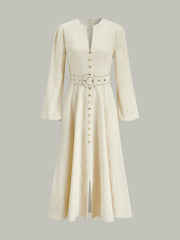 Button Front Belted Midi Dress