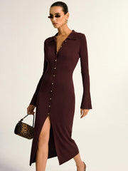 Metal Button Collar Ribbed Knit Midi Dress