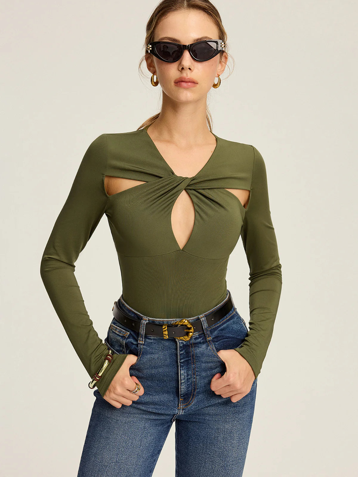 Cut-Out Twist Long Sleeve Blouse