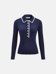 Contrast Trim Ribbed Knit Polo Top