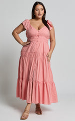 Addi Midi Dress - Button Front Plunge Neck Short Flutter Sleeve Tiered in Peach Fuzz