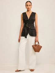 Belted Vest with 3D Sequin Flower Embellishments