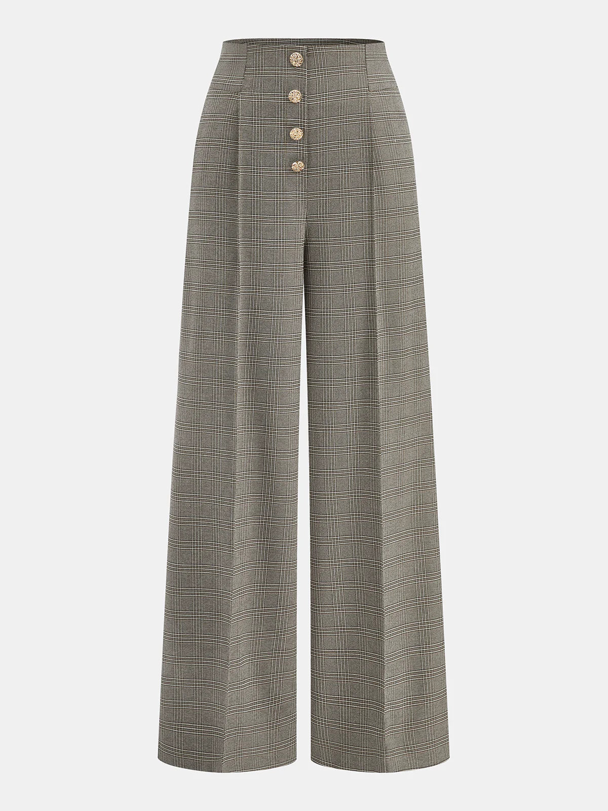 High-Waist Button Detail Plaid Wide-Leg Pants