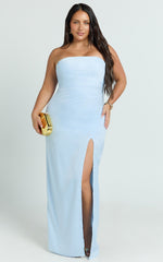 Camila Maxi Dress - Corset Panel Drape Matte Satin Dress in Blue