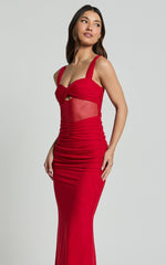 Adalee Midi Dress- Sheer Panel Ruched Bust Dress in Red