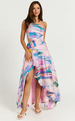 Amalie The Label - Keziah One Shoulder Asymmetric Midi Dress in Abstract Sunset Print