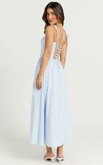 Holly Midi Dress - Corset Lace Up Dress with Split in Soft Blue