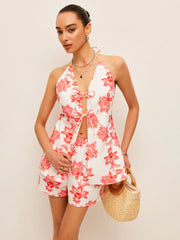 Floral Halter Neck Tie-Front Shorts Set