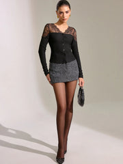 Lace Panel Ribbed Knit T-Shirt