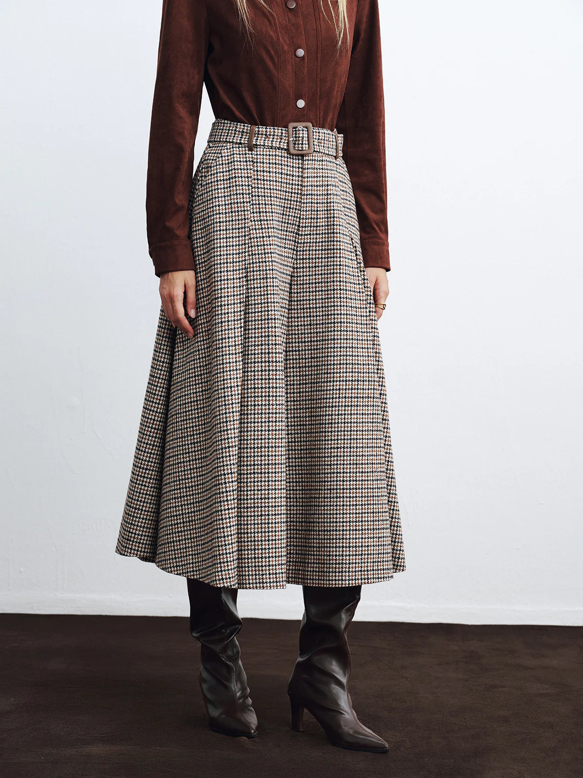 High-Waist Belted Houndstooth Wide-Leg Pants